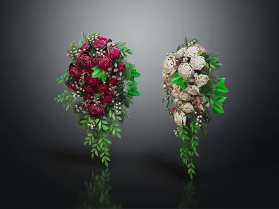 Two Colorful Rose Bouquets with Red Deep Pink White Flowers Green Leaves and Berries 3d model