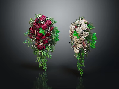 Two Colorful Rose Bouquets with Red Deep Pink White Flowers Green Leaves and Berries 3d model