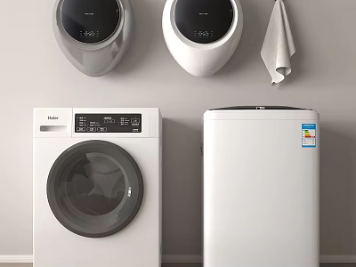 Modern White Washing Machine With Wall Mounted Units Control Panel Display And Towel 3d model