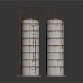 Tall Industrial Storage Tanks With Rusty Metal Ladders And Top Platform Structure