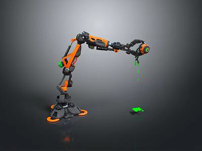 Orange And Black Robot Arm Grabbing Small Green Object With Sturdy Base 3d model