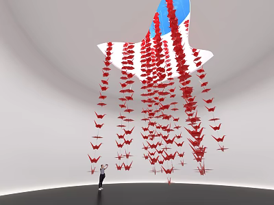Spectacular Art Installation With Red Paper Cranes Hanging In White Circular Space 3d model