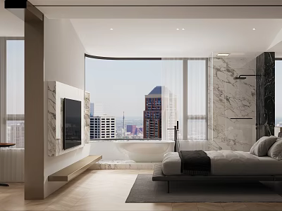 Modern Bedroom Interior Design With Large Windows City View Marble Accents And Bathtub 3d model