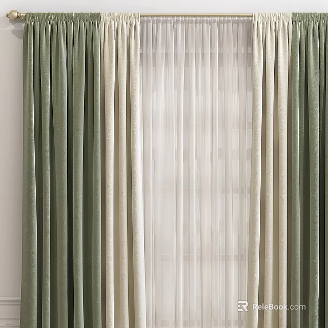 Green Beige Curtains With Sheer Panels For Modern Elegant Window Interior Design 3d model 