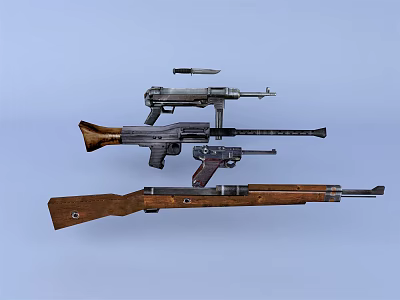Vintage Weapons Collection Featuring Rifles Pistols And Submachine Guns With Wooden Stocks 3d model