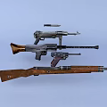 Vintage Weapons Collection Featuring Rifles Pistols And Submachine Guns With Wooden Stocks