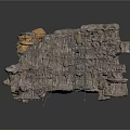 Layered Textured Rock Formation With Yellow Gray Hanging Structures And Platforms