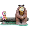 Wooden Outdoor Chair Featuring Girl and Bear Statues With Colorful Ball and Grass