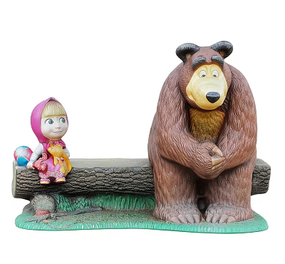 Wooden Outdoor Chair Featuring Girl and Bear Statues With Colorful Ball and Grass 3d model
