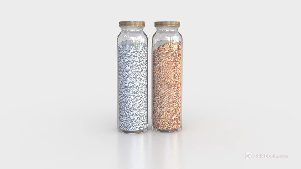 Two Glass Spice Jars With Gold Lids Filled With White And Brown Spices On Surface 3d model 