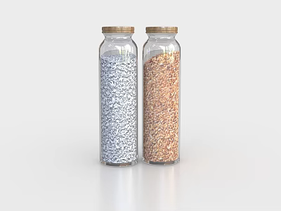 Two Glass Spice Jars With Gold Lids Filled With White And Brown Spices On Surface 3d model