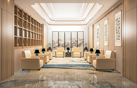 New Chinese-style Reception Room Meeting Room VIP Room VIP Room Leisure Sofa Chandelier Background Wall 3d model