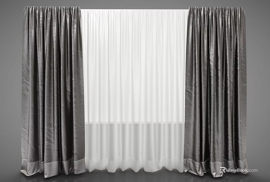 Gray And White Double Layer Curtains Featuring Sheer Panels And Modern Design 3d model