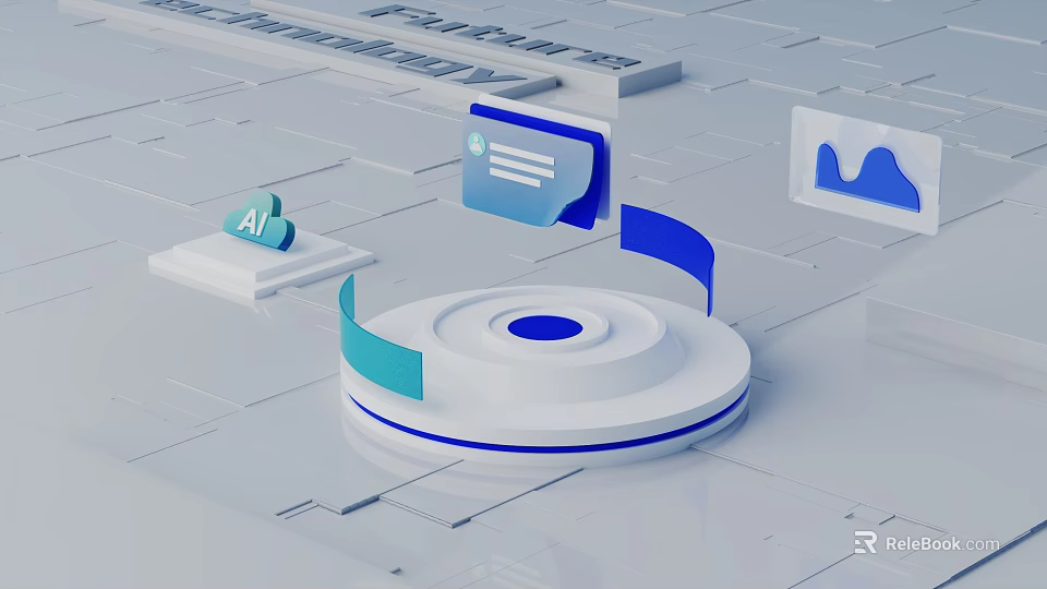 Cartoon Digital Scene Featuring White Circular Platform Blue Ribbon Green AI Icon And Data Chart 3d model