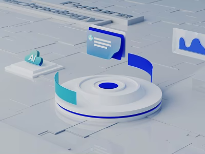 Cartoon Digital Scene Featuring White Circular Platform Blue Ribbon Green AI Icon And Data Chart 3d model