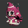 Cute Cartoon Girl With Pink Hair Antlers Santa Hat And White Gift Bag