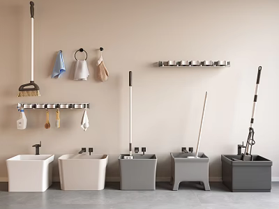 Organized Cleaning Supplies And Daily Use Tools In Home Setup 3d model