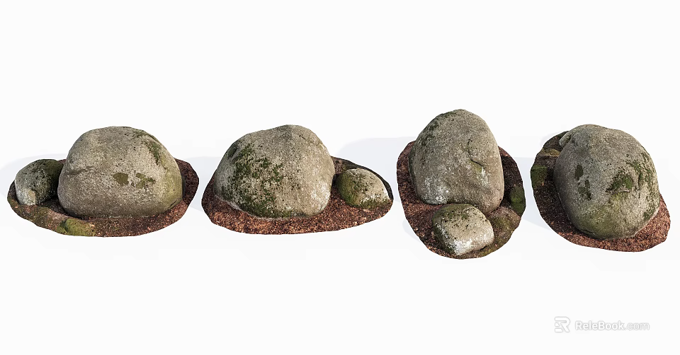 Natural Stone Decorative Items With Wood Base And Moss Details For Home 3d model 