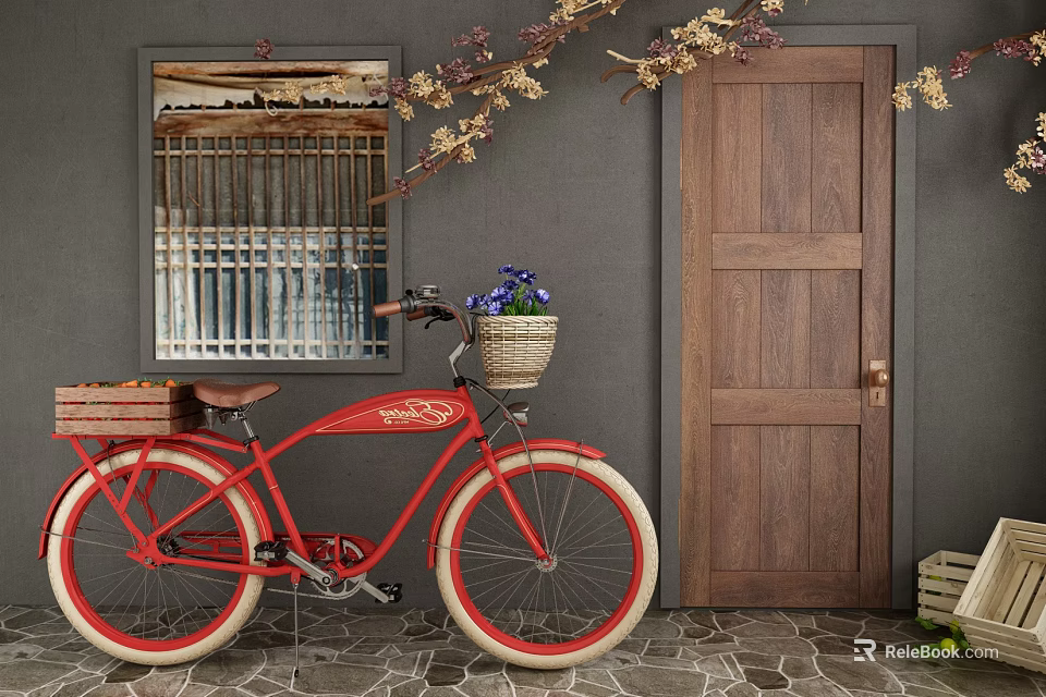 Red Bicycle by Wooden Door with Framed Wall Art Flower Basket and Stone Tile Floor 3d model 
