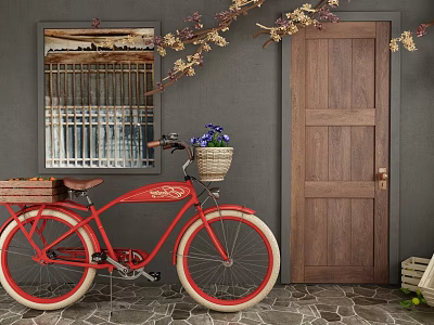 Red Bicycle by Wooden Door with Framed Wall Art Flower Basket and Stone Tile Floor 3d model