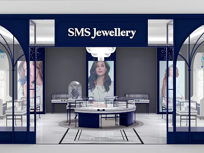 Elegant SMS Jewellery Store Interior With Round Display Showcase Glass Windows And Chandelier 3d model