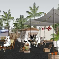 Relaxing Evening Camping Site With Palm Trees Tent Outdoor Seating String Lights And Large Screen