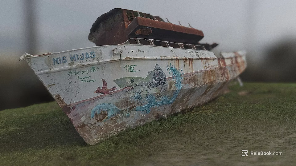 Abandoned Boat With Rusted Hull Grassy Field And Shark Graffiti Artwork 3d model 