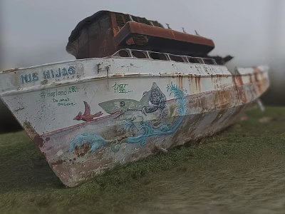 Abandoned Boat With Rusted Hull Grassy Field And Shark Graffiti Artwork 3d model