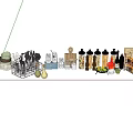 Spice Bottles Arranged With Kitchen Utensils On Wooden Floor Against Textured Wall