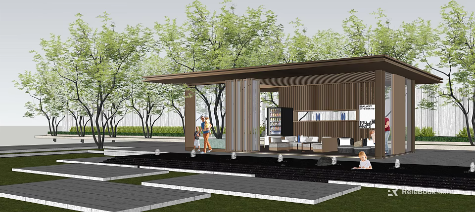 Modern Outdoor Pergola Design With Green Trees Seating Area And People Relaxing 3d model 