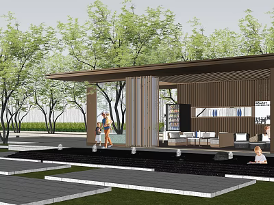 Modern Outdoor Pergola Design With Green Trees Seating Area And People Relaxing 3d model