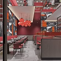 Red Restaurant Interior With Hanging Pendant Lights And Stylish Wall Decor 3d model