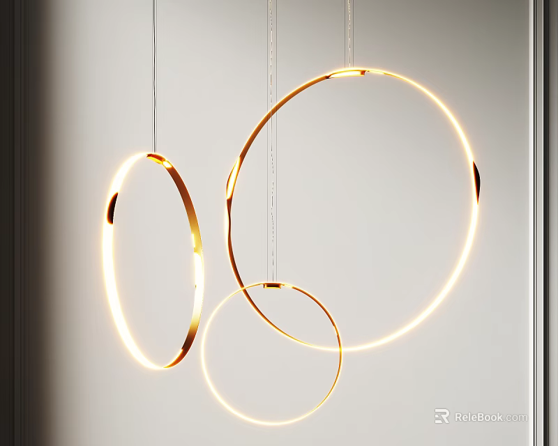 Three Stylish Modern Golden Circular Chandeliers Glowing Hanging In Interior Space 3d model 