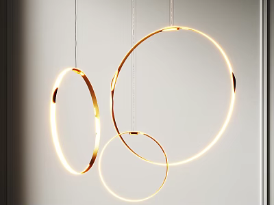 Three Stylish Modern Golden Circular Chandeliers Glowing Hanging In Interior Space 3d model