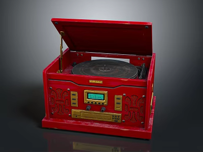 Red Record Player With Open Lid Vinyl Record Turntable Digital Display And Decorative Patterns 3d model
