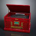 Red Record Player With Open Lid Vinyl Record Turntable Digital Display And Decorative Patterns