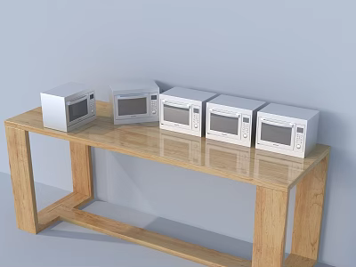 Five White Microwaves Kitchen Appliances Neatly Displayed on Wooden Table 3d model