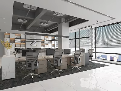 Modern Open Public Office Space Interior With Spacious Desks Ergonomic Chairs And Large Windows 3d model