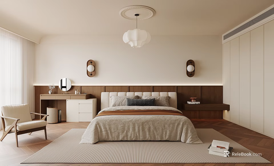 Cozy Modern Bedroom Interior Design With Wooden Headboard Wall Sconces Pendant Light And Rug 3d model 
