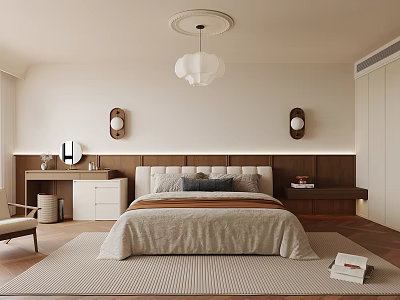 Cozy Modern Bedroom Interior Design With Wooden Headboard Wall Sconces Pendant Light And Rug 3d model