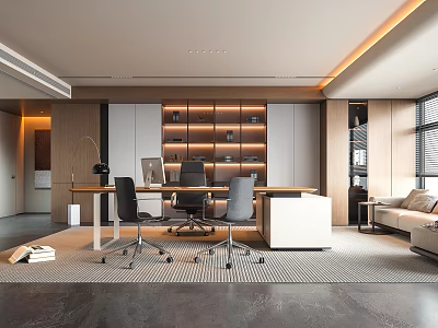 Modern Office Interior Design With Open Layout Desk Bookshelf Sofa And Lighting 3d model