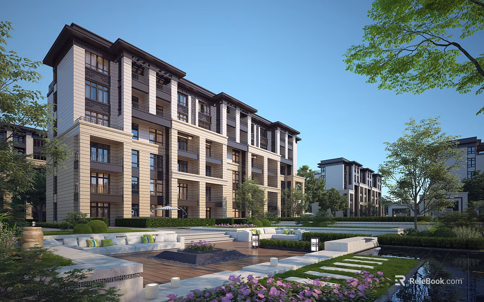 Modern Residential Building Exterior with Landscaped Garden Water Feature and Trees 3d model 