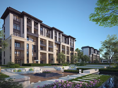 Modern Residential Building Exterior with Landscaped Garden Water Feature and Trees 3d model