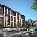 Modern Residential Building Exterior with Landscaped Garden Water Feature and Trees