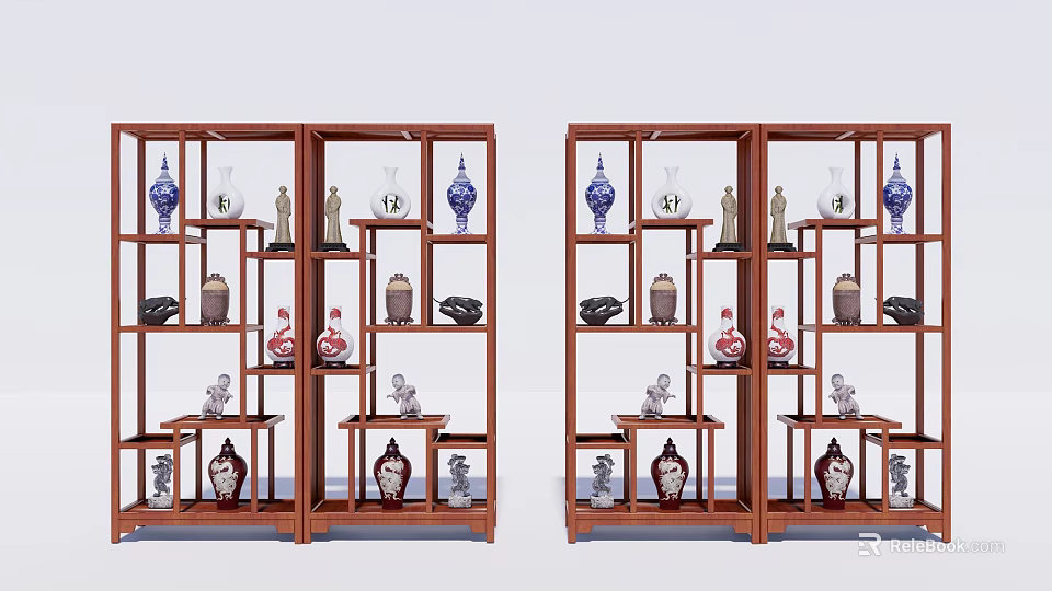 Traditional Chinese Wooden Antique Display Shelves with Vases Ceramics and Small Sculptures in Home Decor 3d model 