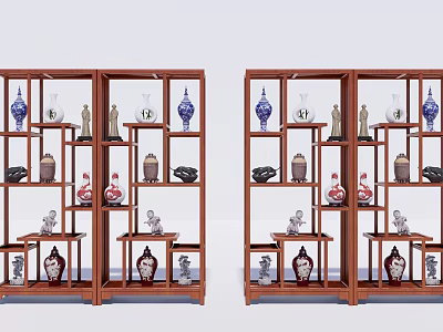 Traditional Chinese Wooden Antique Display Shelves with Vases Ceramics and Small Sculptures in Home Decor 3d model