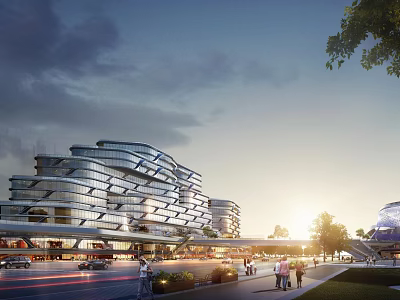 Modern Commercial Street with Streamlined Glass Architecture Pedestrians Vehicles and Sunset Glow 3d model