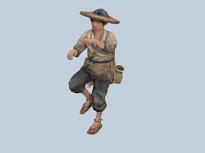 Traditional Man in Straw Hat and Waist Bag with Dynamic Stepping Posture 3d model Traditional Man in Straw Hat and Waist Bag with Dynamic Stepping Posture 3d model