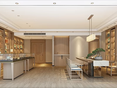 Modern Specialty Store Interior With Wooden Display Shelves And Product Showcase Areas 3d model