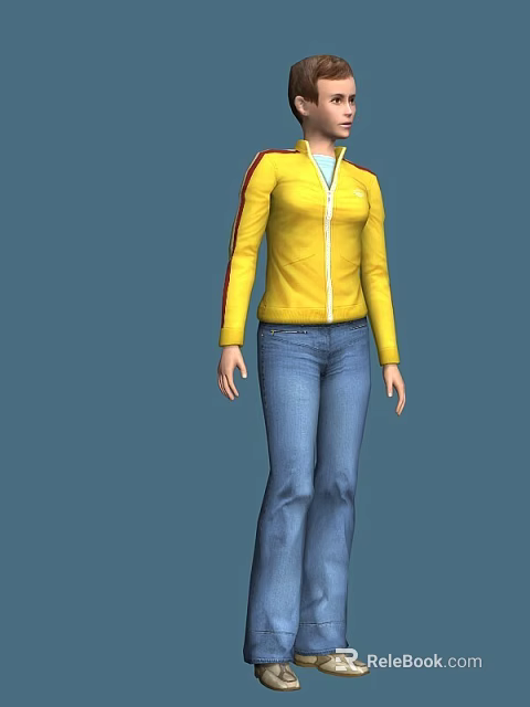 Full Length Portrait Of Woman Wearing Yellow Jacket And Blue Jeans 3d model 